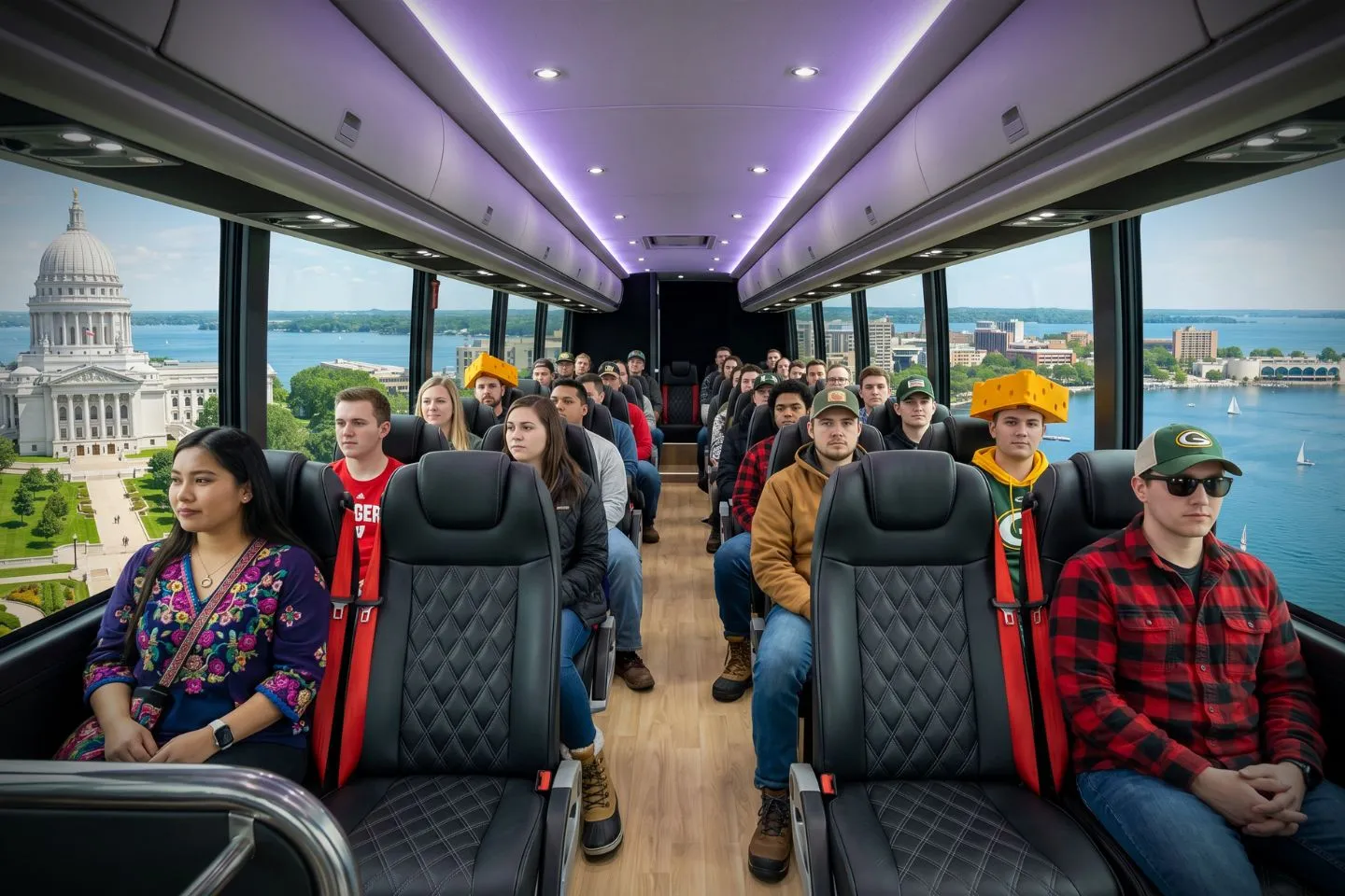 Spacious charter bus interior with reclining seats ready for Wisconsin passengers