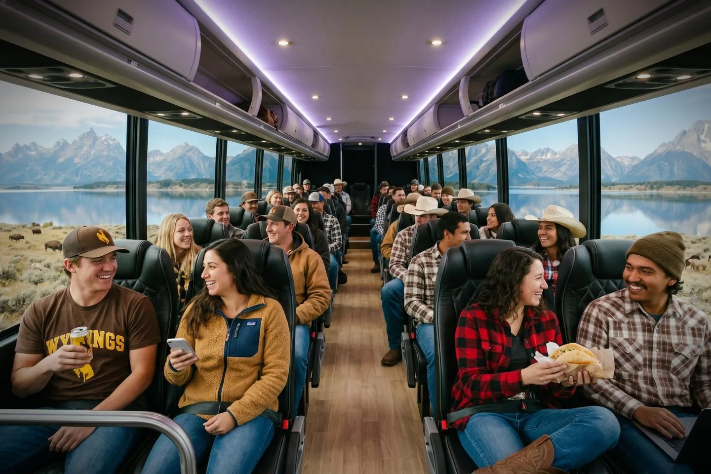 Modern charter bus cruising a highway with Grand Teton views during a Wyoming group tour