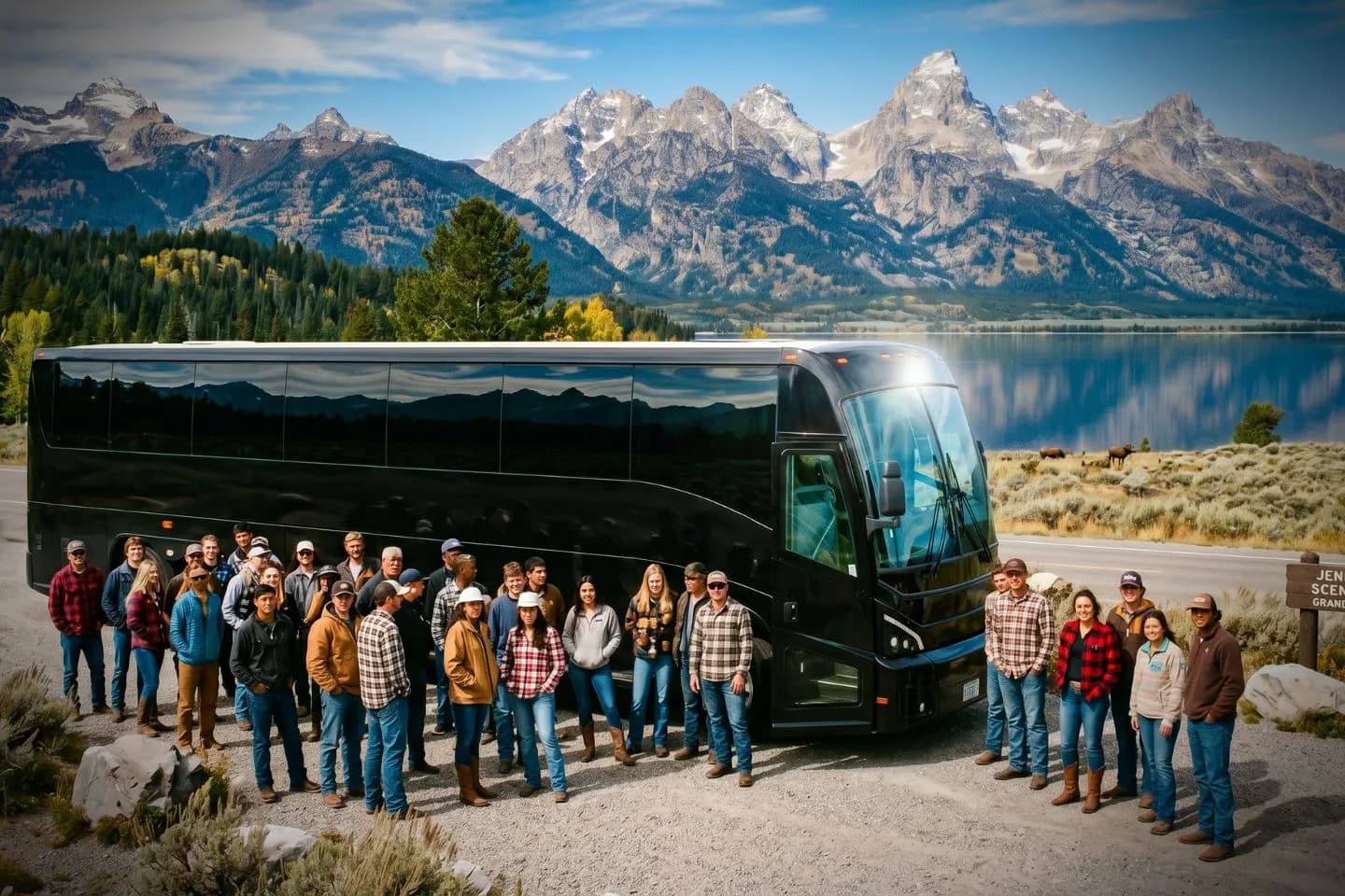 Group passengers boarding a charter bus before a Wyoming sightseeing trip