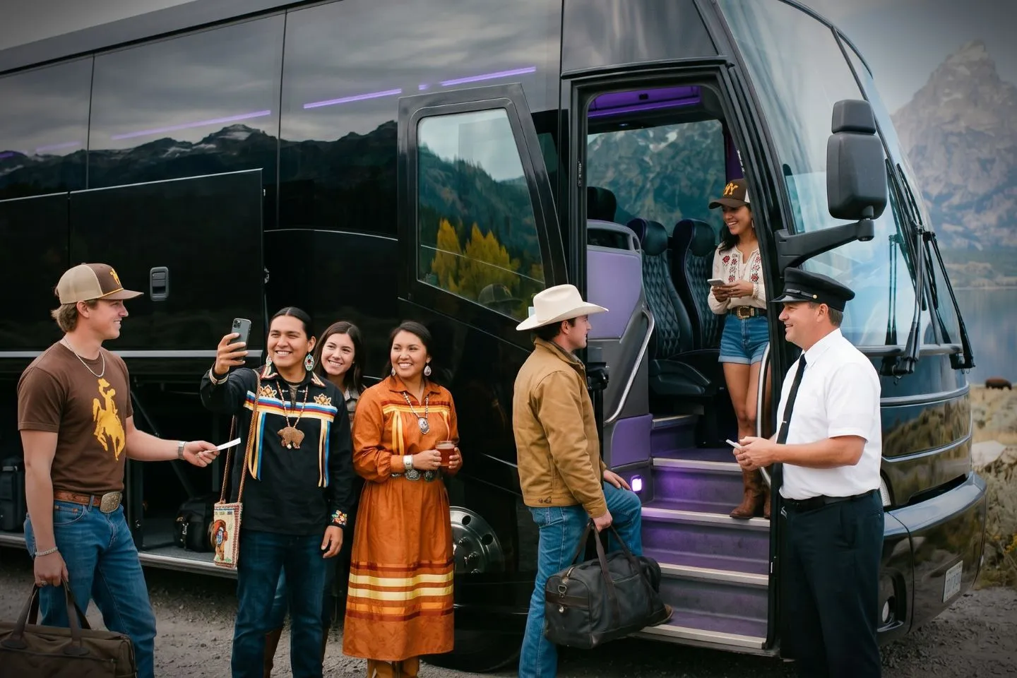 Comfortable leather seating inside a Wyoming charter bus with overhead storage