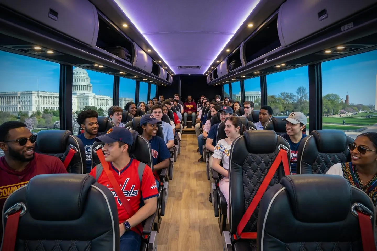 Charter motorcoach rolling down a National Mall boulevard on a Washington, DC rental itinerary