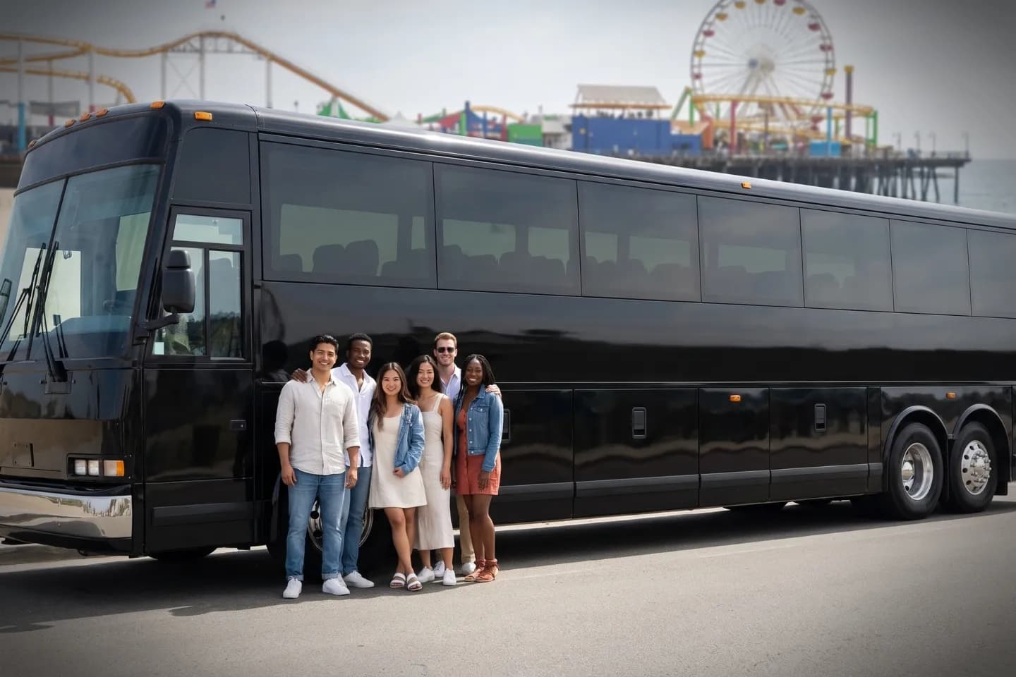 Comfortable leather seating inside a California charter bus with overhead storage