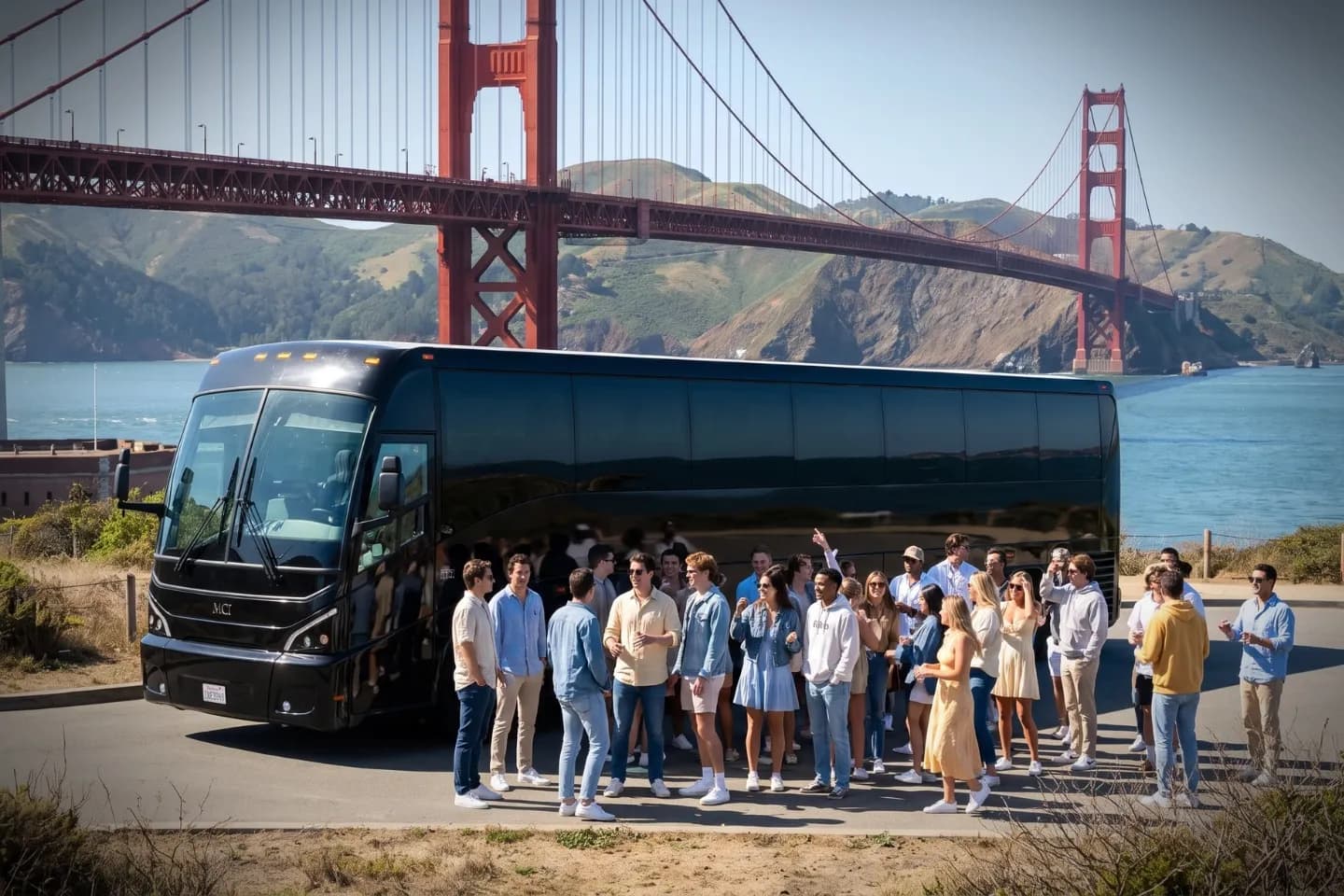 Group passengers boarding a charter bus before a California sightseeing trip