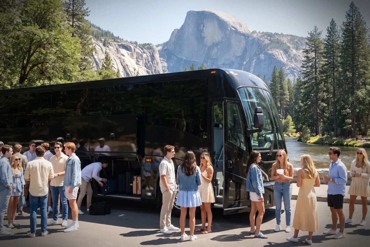 Luxury motorcoach parked near a Los Angeles hotel for a California charter bus rental