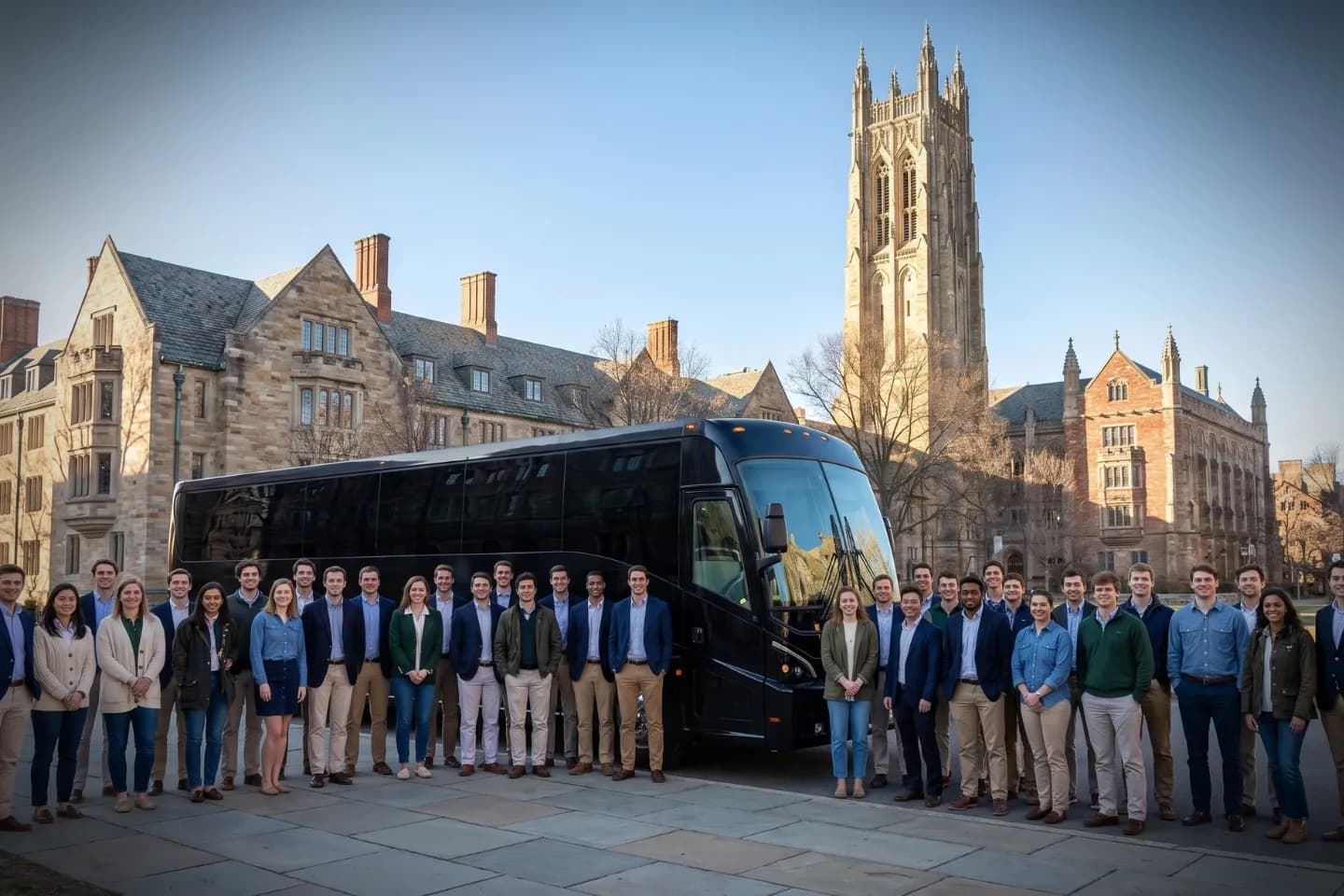 White charter bus parked outside a Hartford hotel awaiting a Connecticut tour group