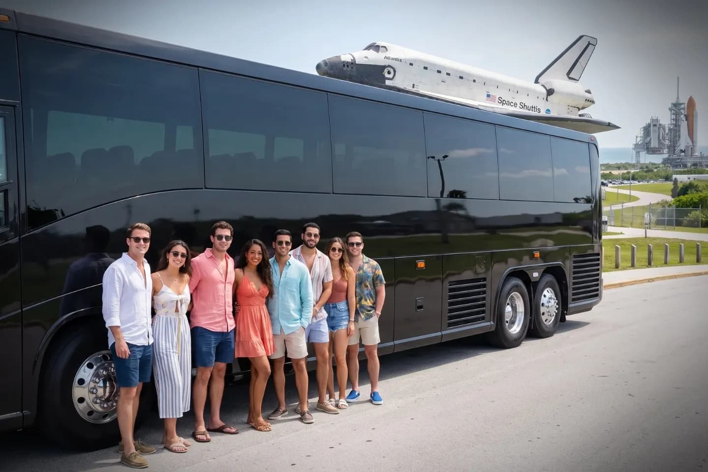 Charter motorcoach rolling down a palm shaded Florida boulevard on a Florida rental itinerary