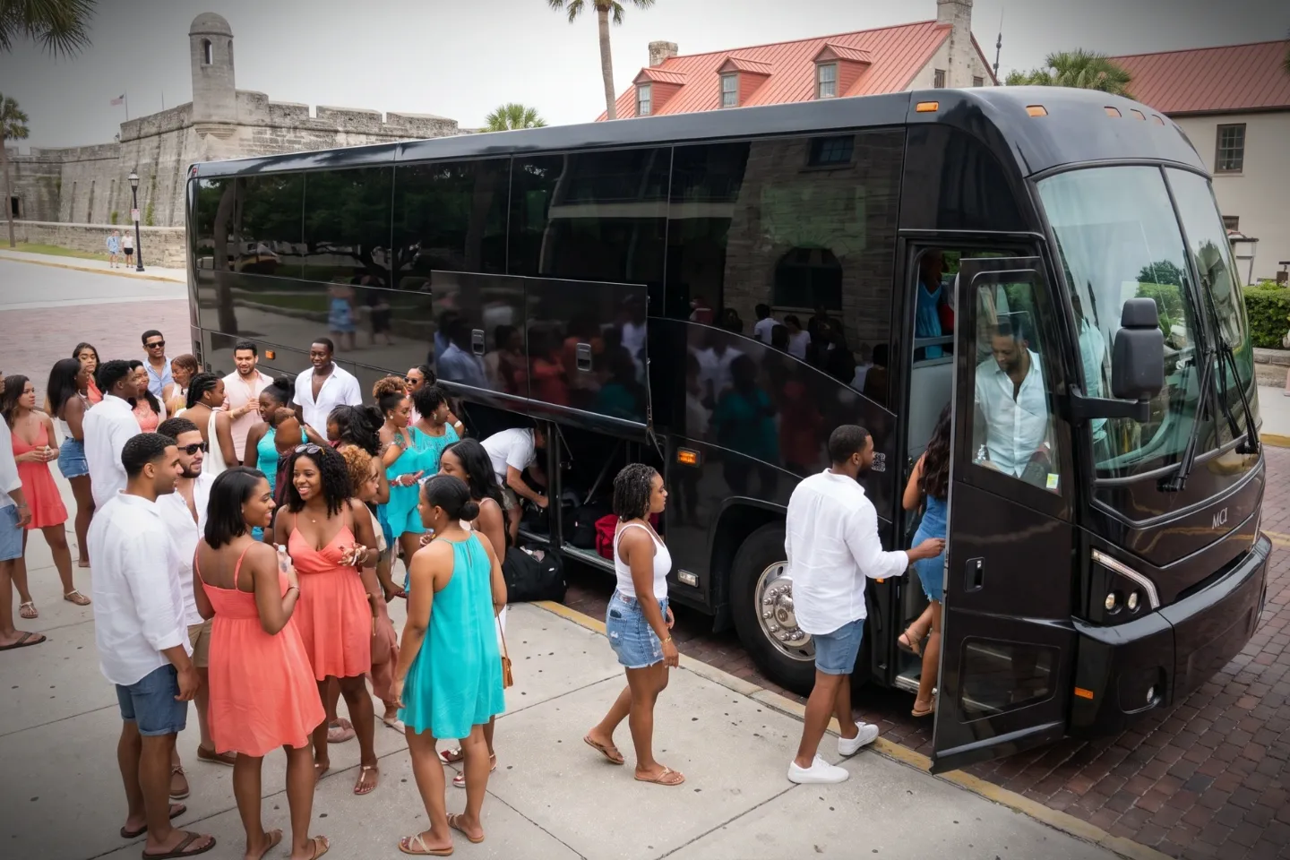 Wide aisle and plush seats inside a charter bus serving Florida travelers