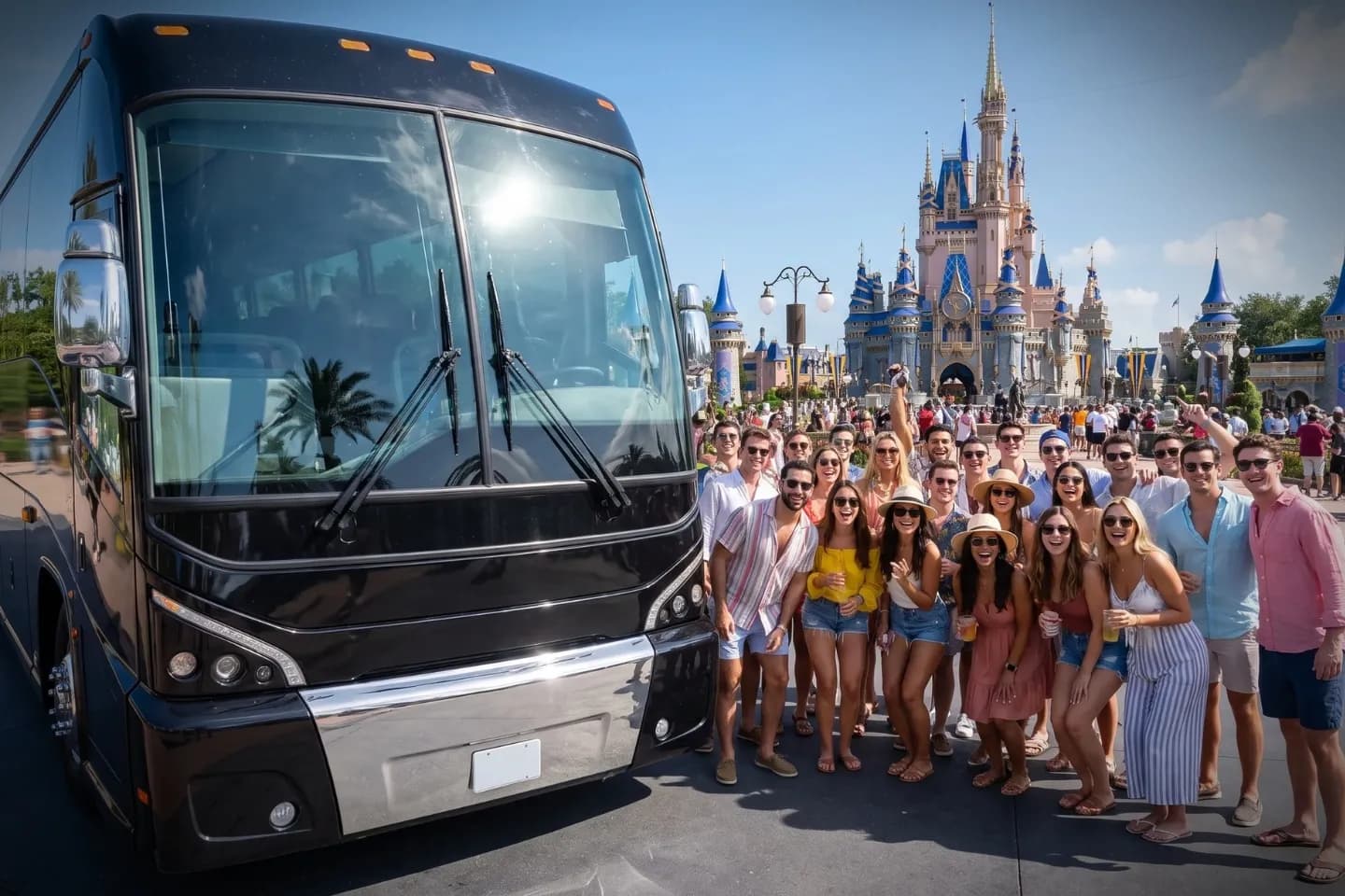 Passengers stepping onto a charter bus at the start of a Florida trip