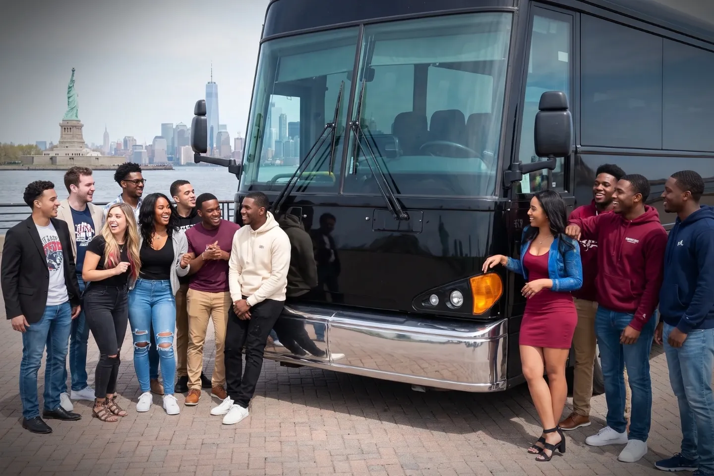 Wide aisle and plush seats inside a charter bus serving New Jersey travelers