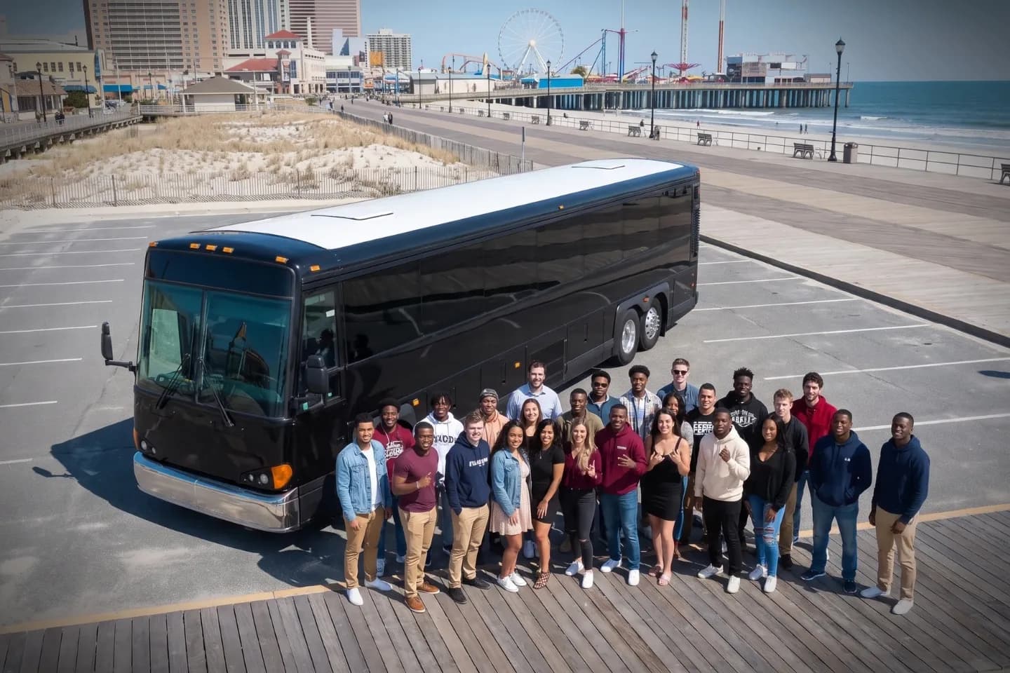 Charter motorcoach rolling down the New Jersey Turnpike on a New Jersey rental itinerary