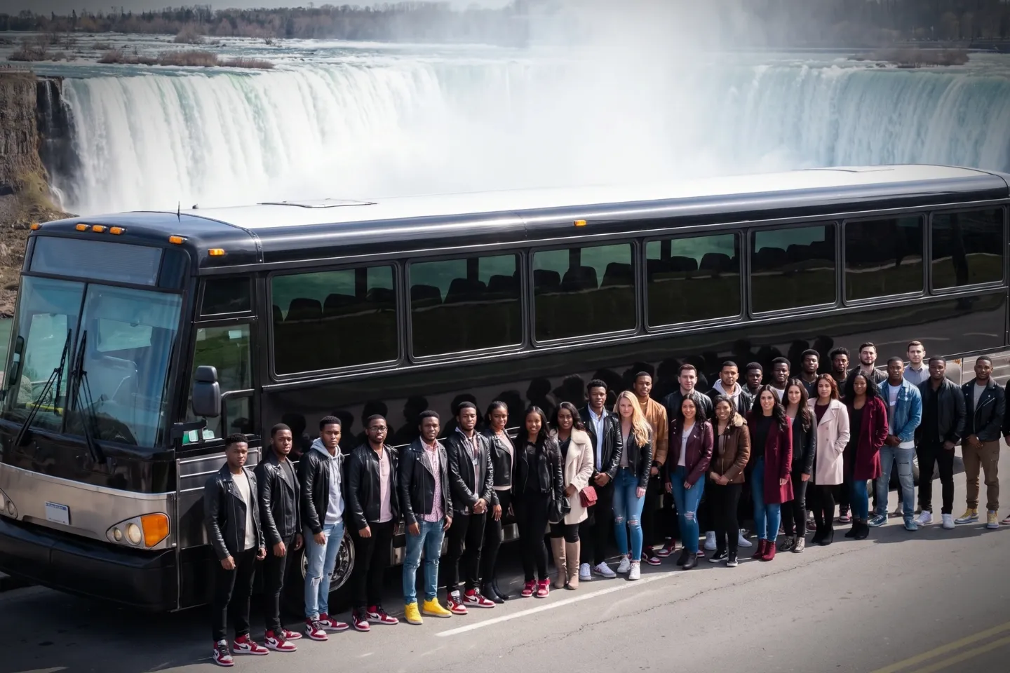 Modern charter bus cruising an expressway toward Manhattan during a New York group tour