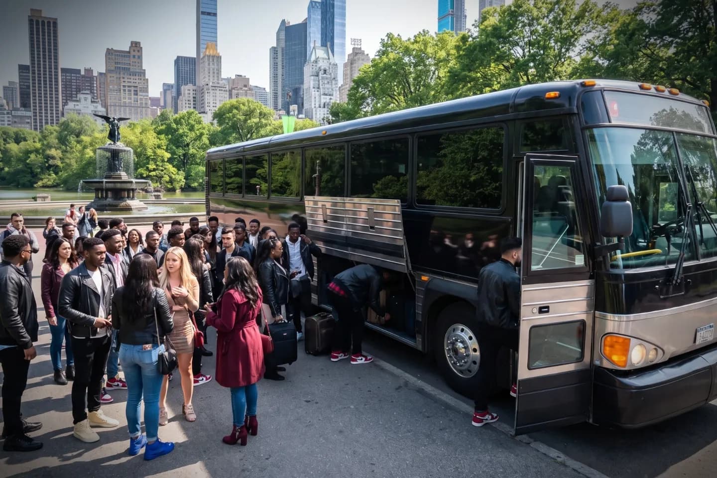 Group passengers boarding a charter bus before a New York sightseeing trip