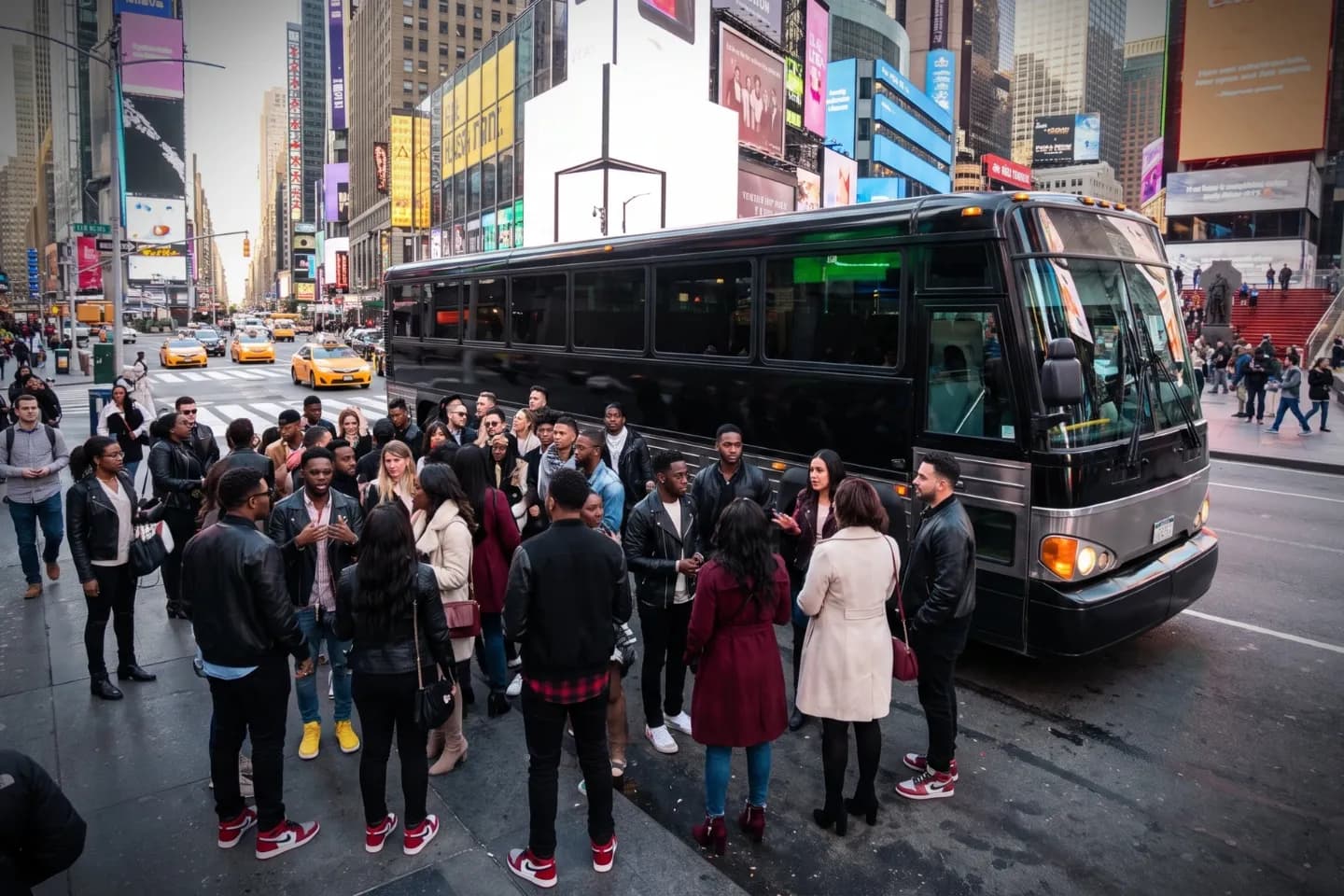 Luxury motorcoach parked near a Manhattan hotel for a New York charter bus rental