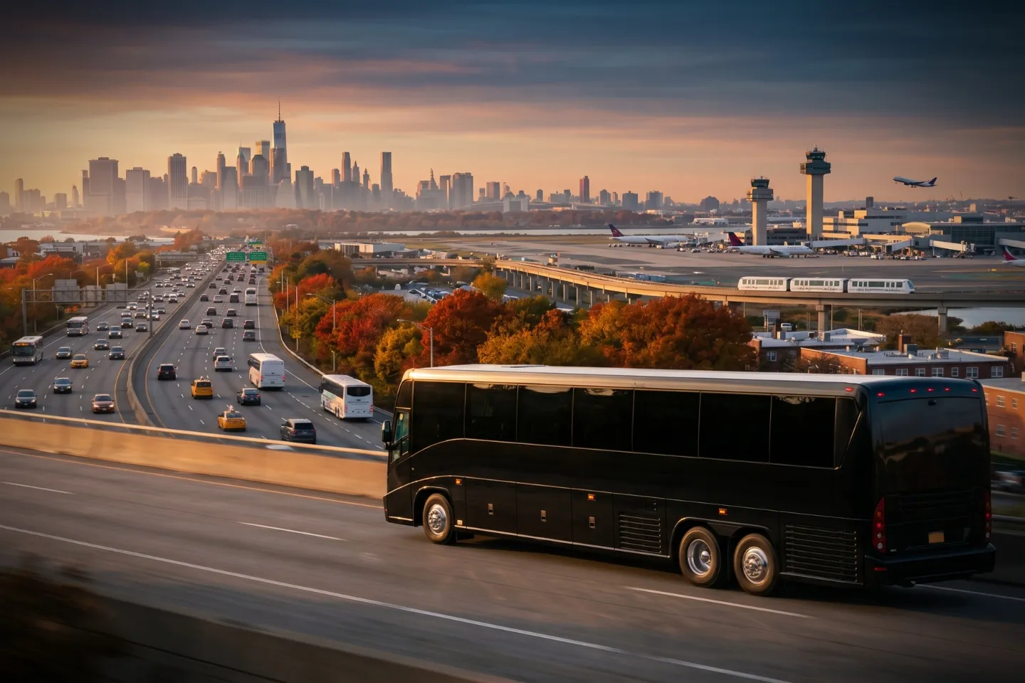 Charter bus rental parked at a JFK Airport pickup zone with luggage carts nearby