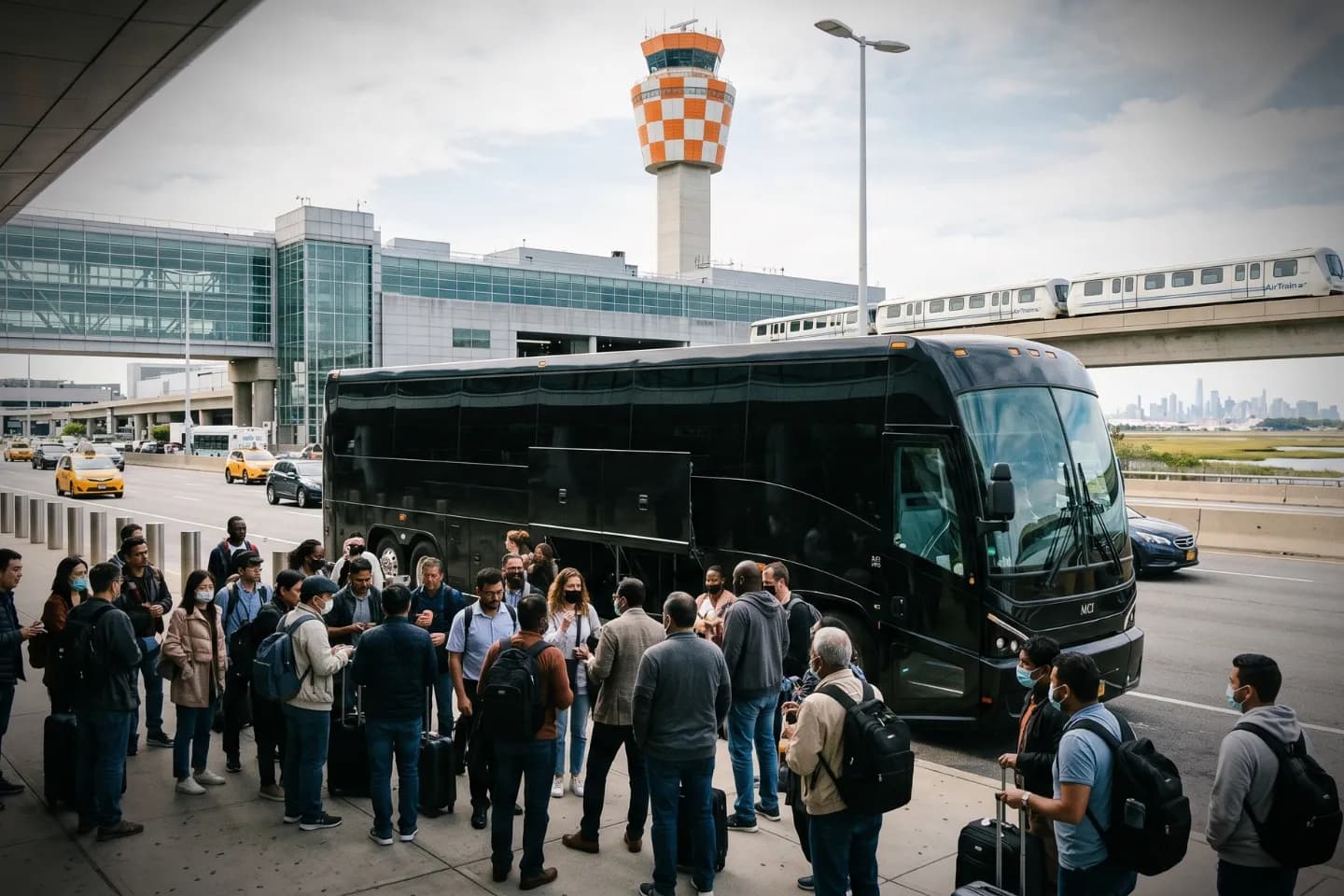 Full size charter bus waiting at the JFK Airport terminal curb for an arriving group