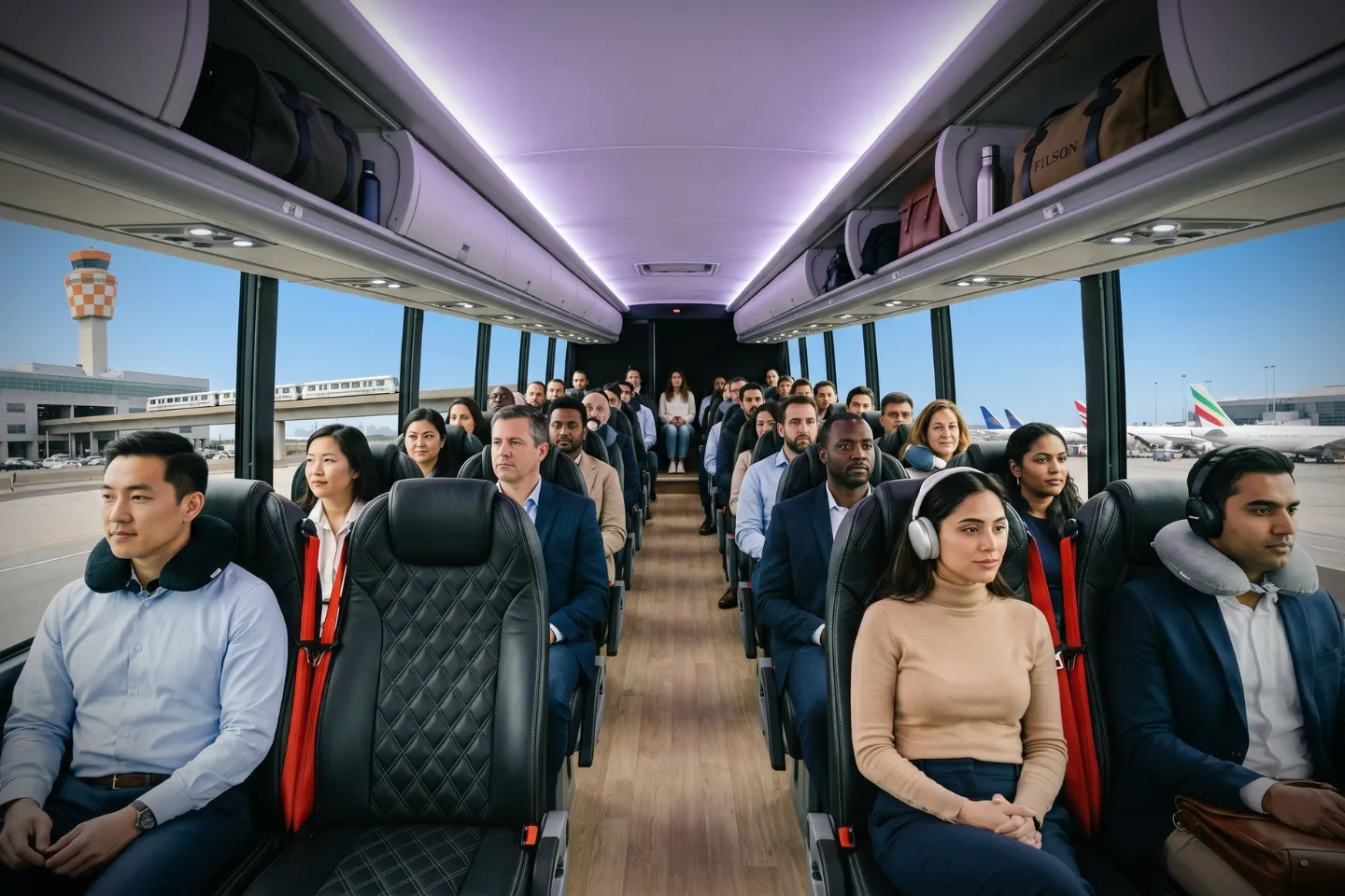 Modern coach interior with reclining seats ready for a JFK Airport group transfer