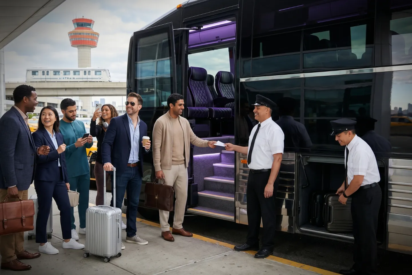 Chauffeur loading suitcases into the luggage bay of a JFK Airport charter bus