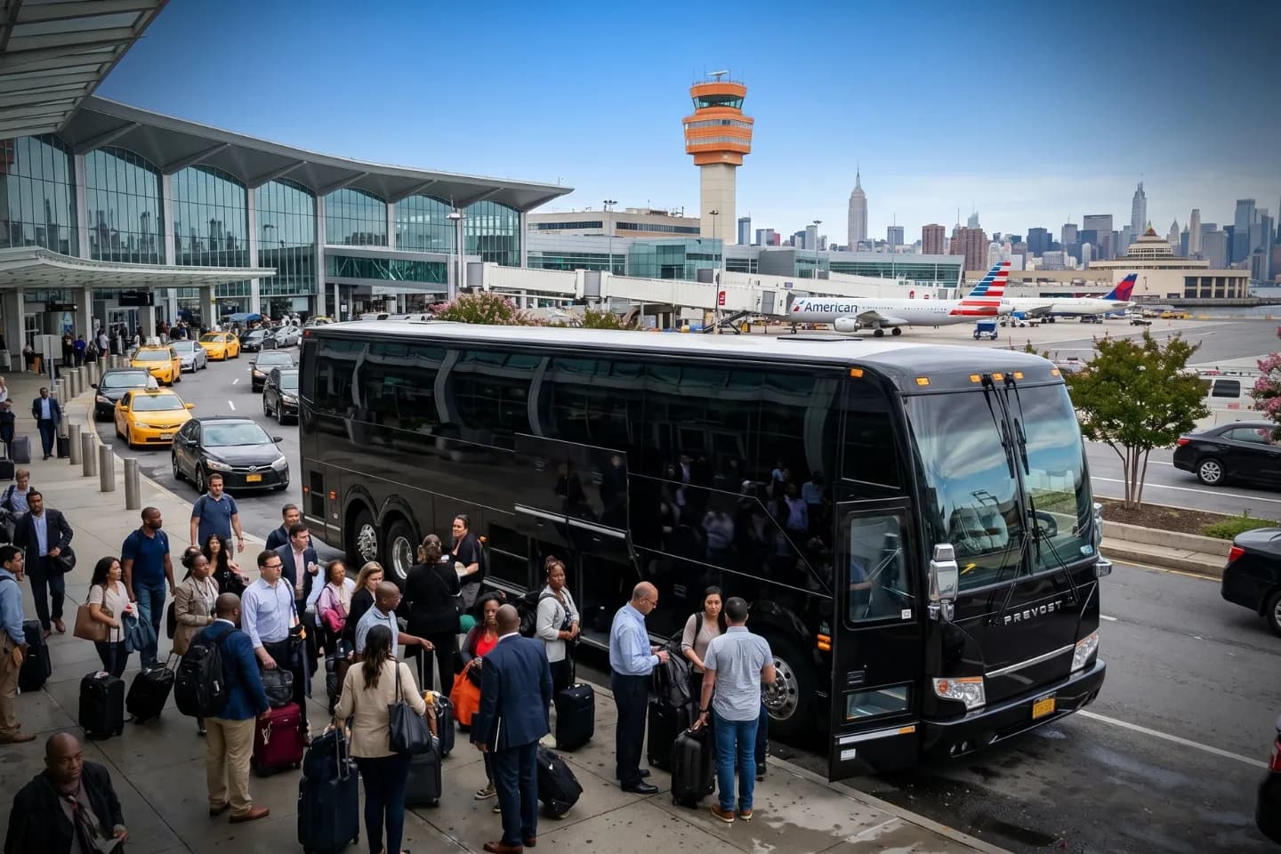 Charter bus rental waiting outside LaGuardia Airport arrivals for a tour group