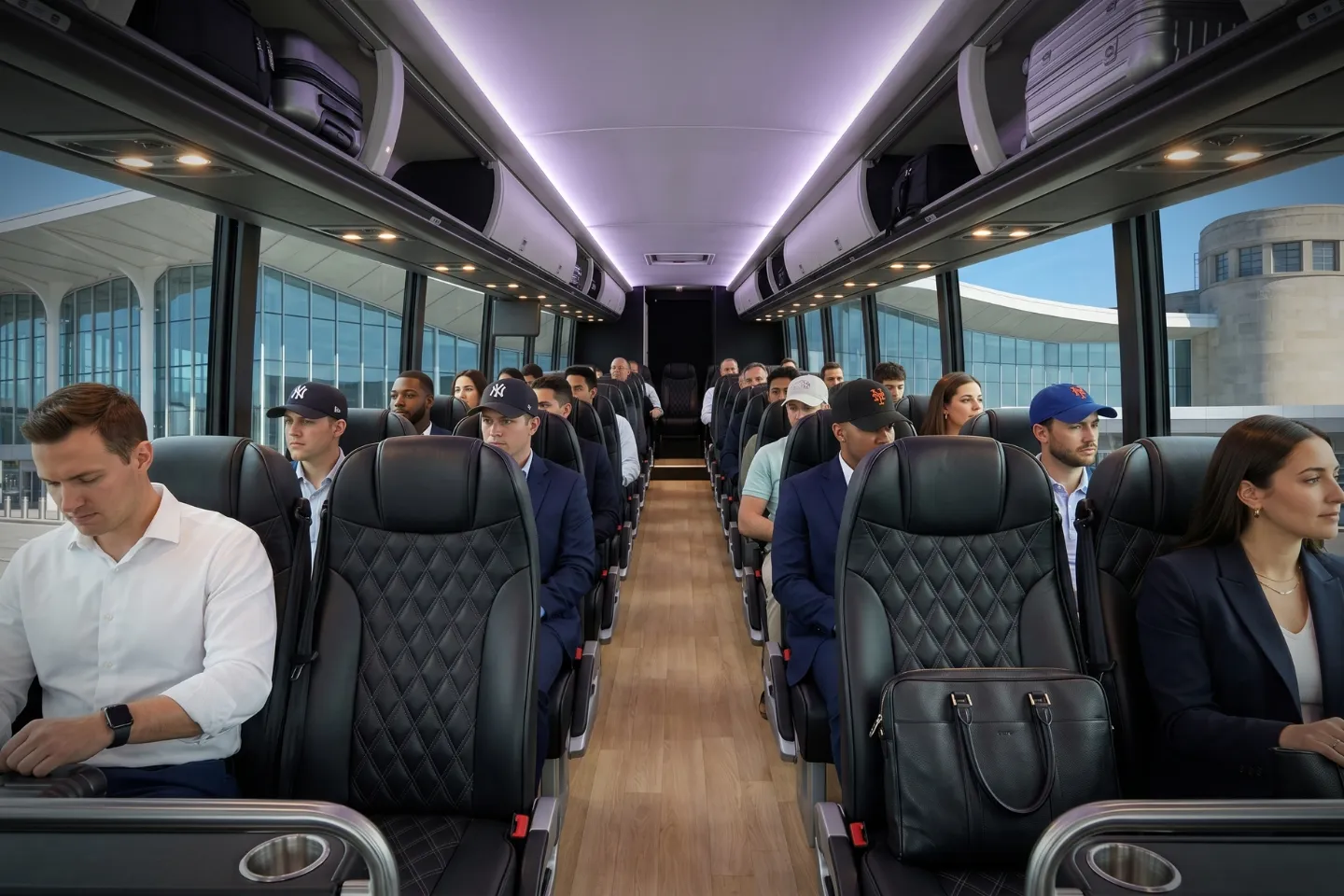 Spacious coach cabin with overhead storage ready for LGA Airport passengers