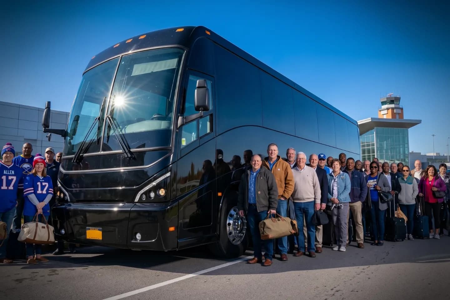 Charter bus rental curbside at BUF Airport with passengers gathering luggage