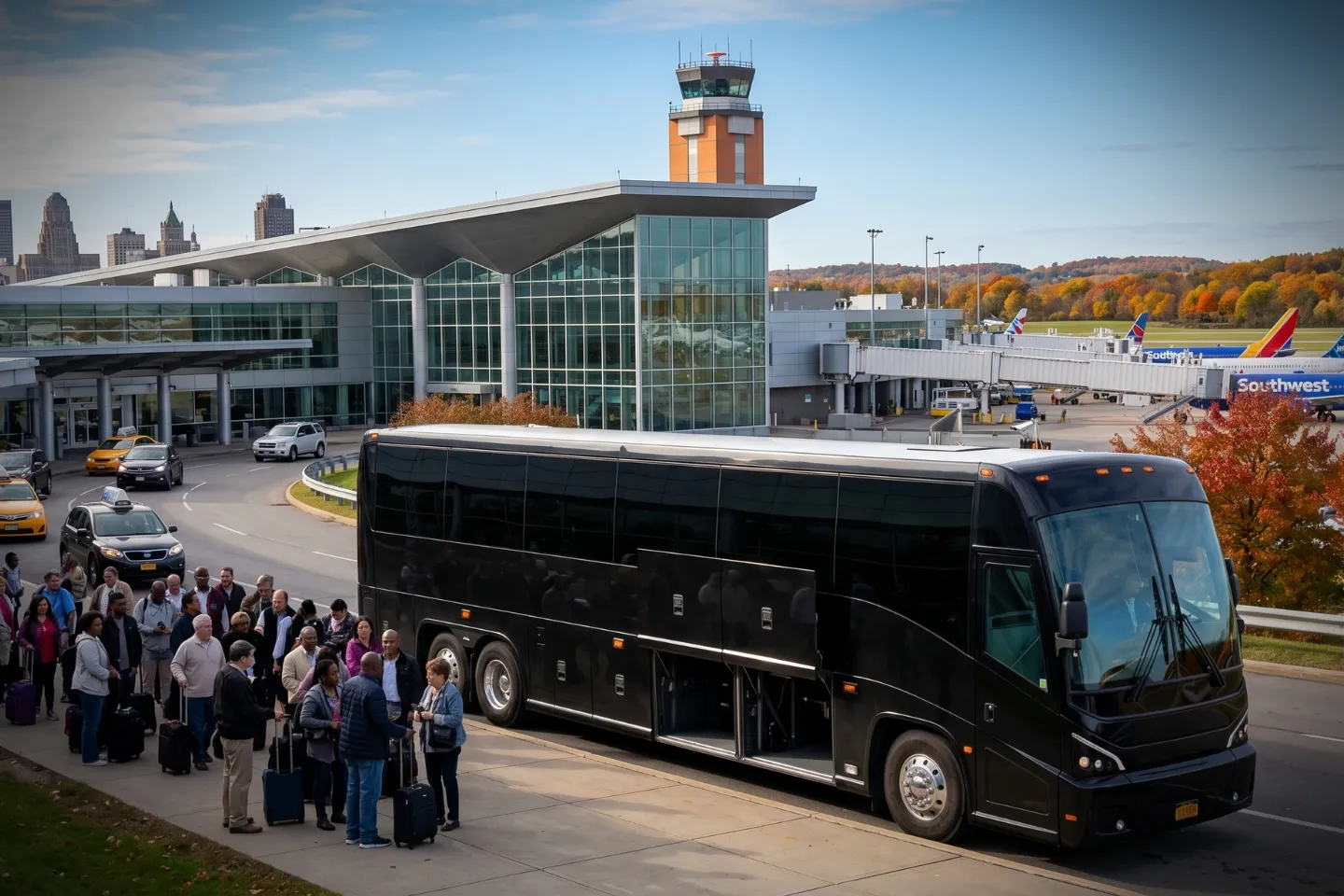Motorcoach parked at Buffalo Niagara International Airport awaiting a sports team