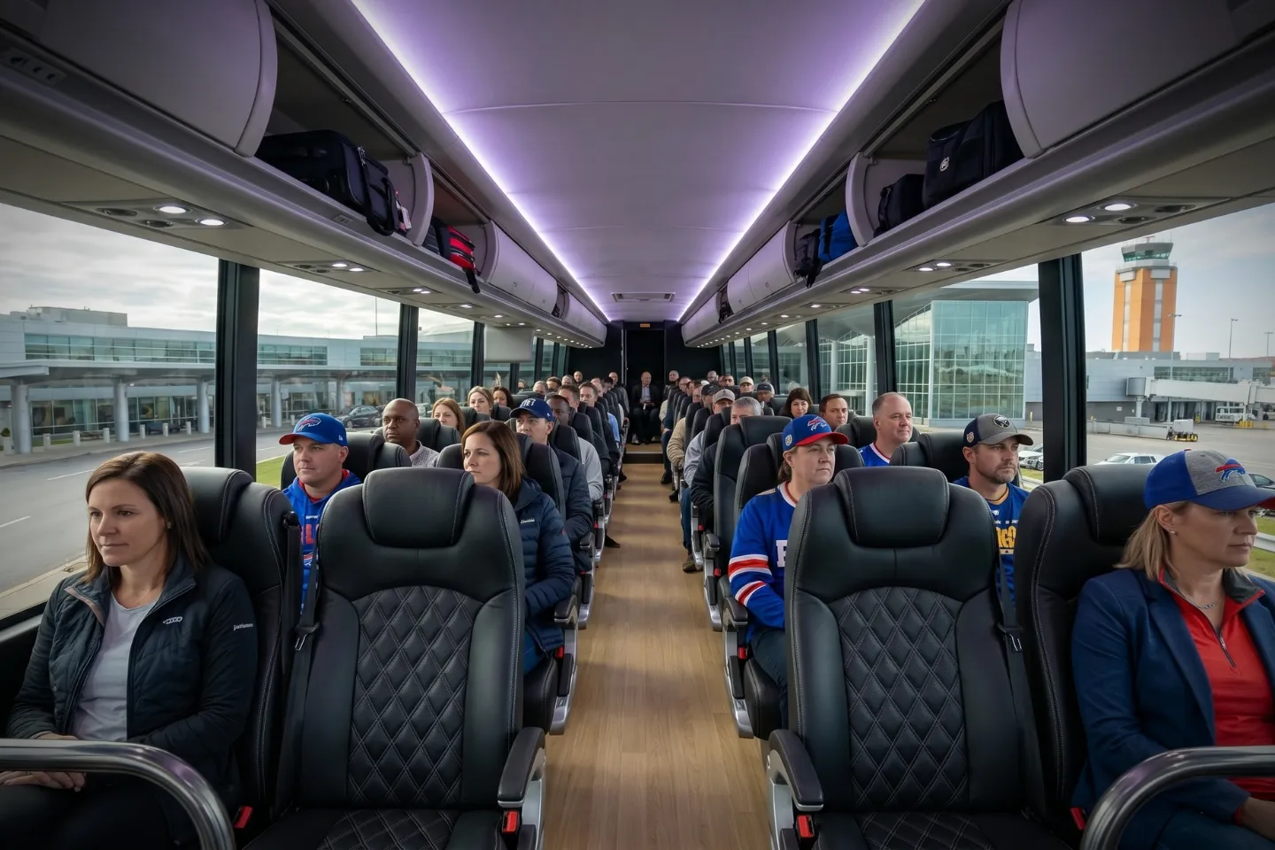 Driver opening the luggage compartment of a charter bus at BUF Airport