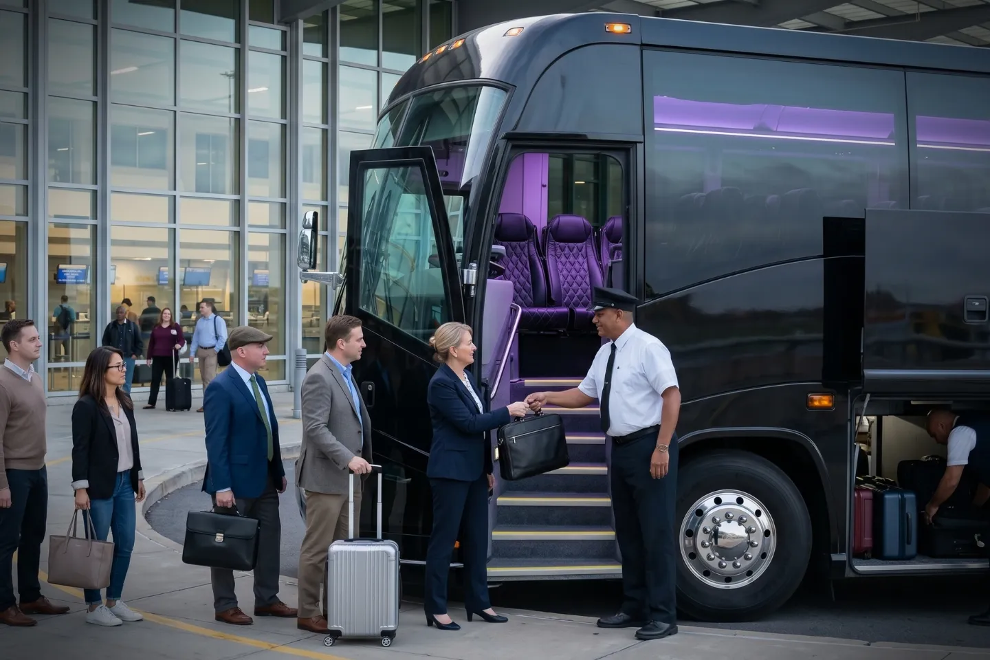 Executive coach parked near the Albany airport pickup zone
