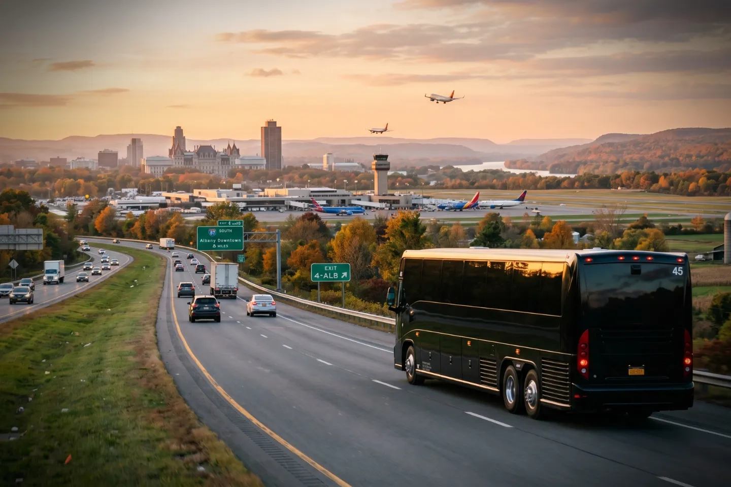 Luggage bay open on a charter bus at ALB Airport during boarding