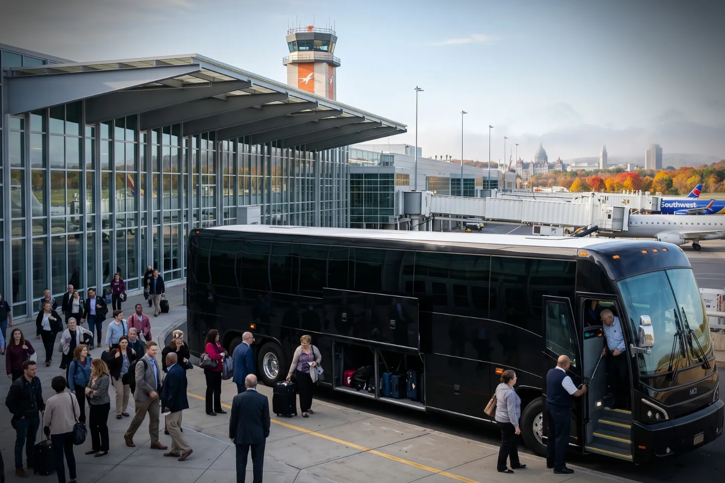 Charter bus waiting at the Albany International Airport terminal curb for a group