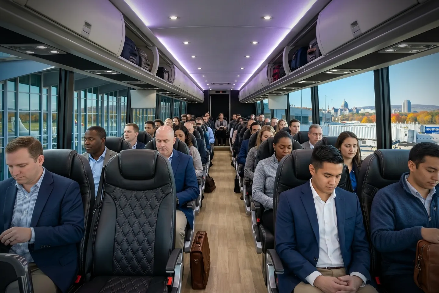 Conference attendees boarding a rented charter bus at Albany International Airport