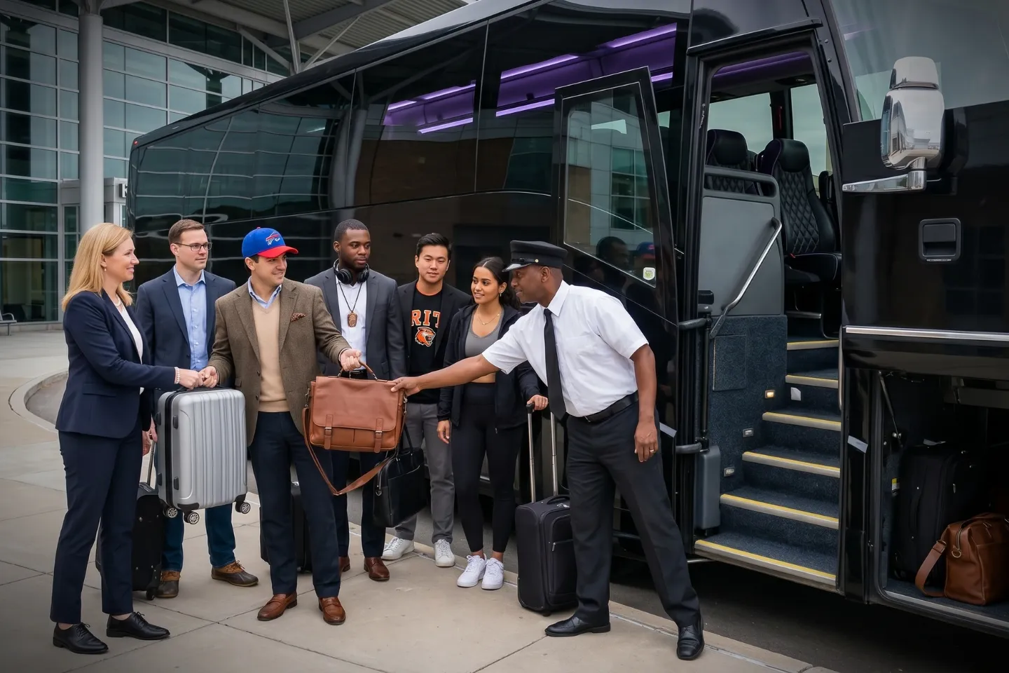Chauffeur greeting a group beside a charter bus at ROC Airport