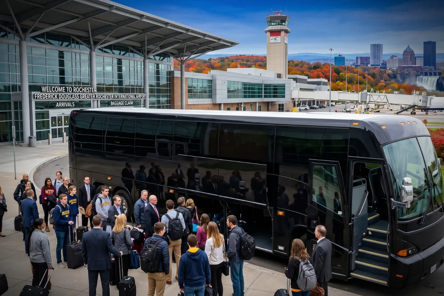 Motorcoach parked outside the Frederick Douglass Greater Rochester International Airport terminal