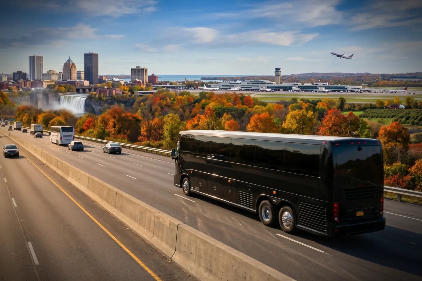 Suitcases being placed in the luggage hold of a Rochester airport charter bus