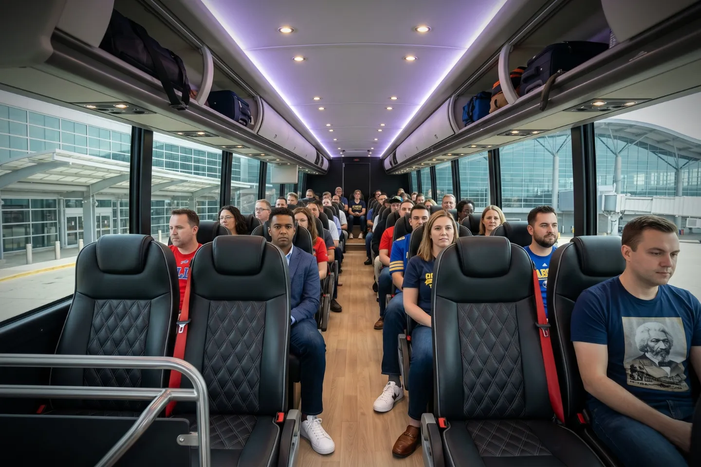 Charter bus rental loading passengers at the Rochester airport pickup curb