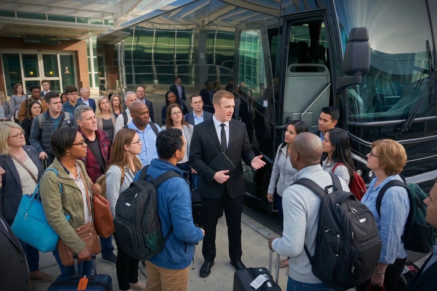 Driver loading luggage into a motorcoach at Syracuse airport arrivals