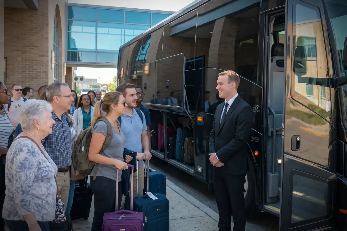 Coach parked along the HPN terminal roadway during a group transfer