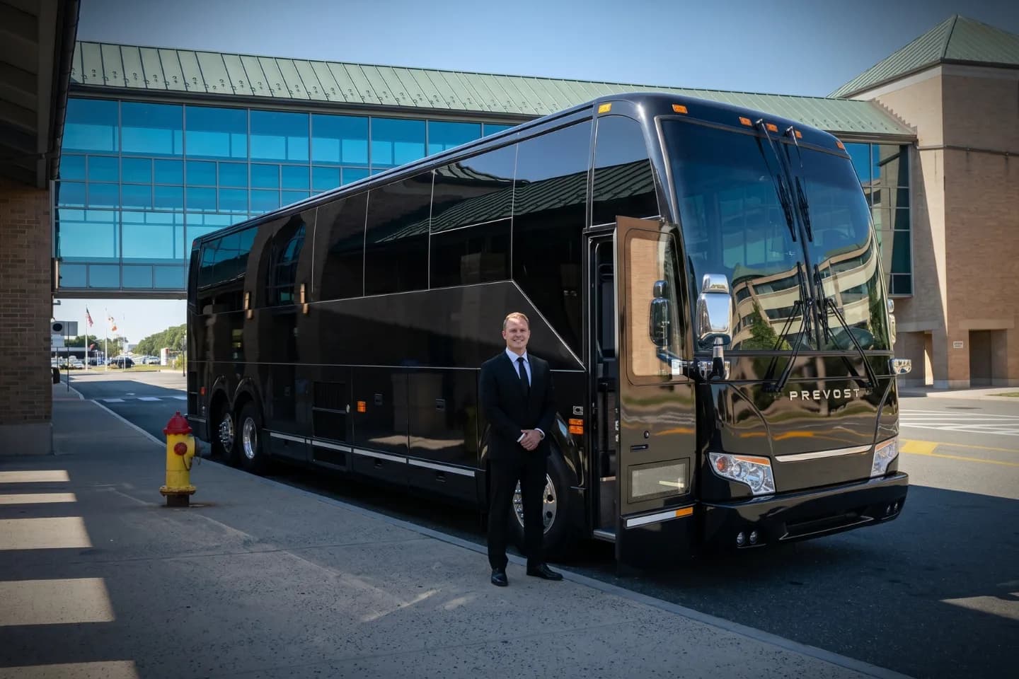 Leather seating inside a charter bus ready for Westchester airport passengers