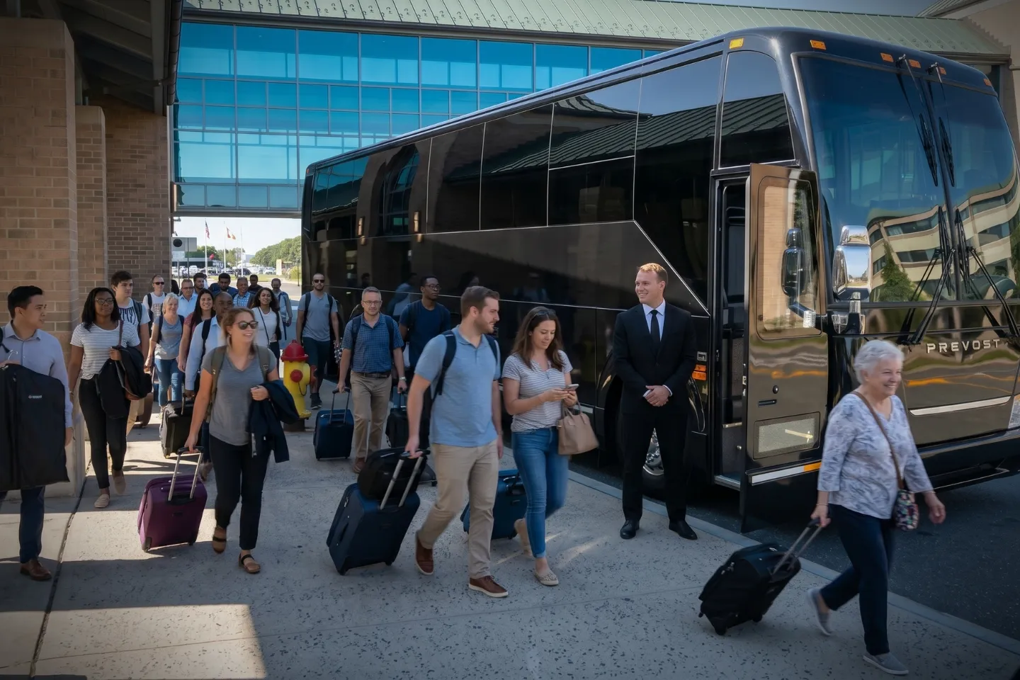Charter bus rental waiting outside Westchester County Airport for a corporate group