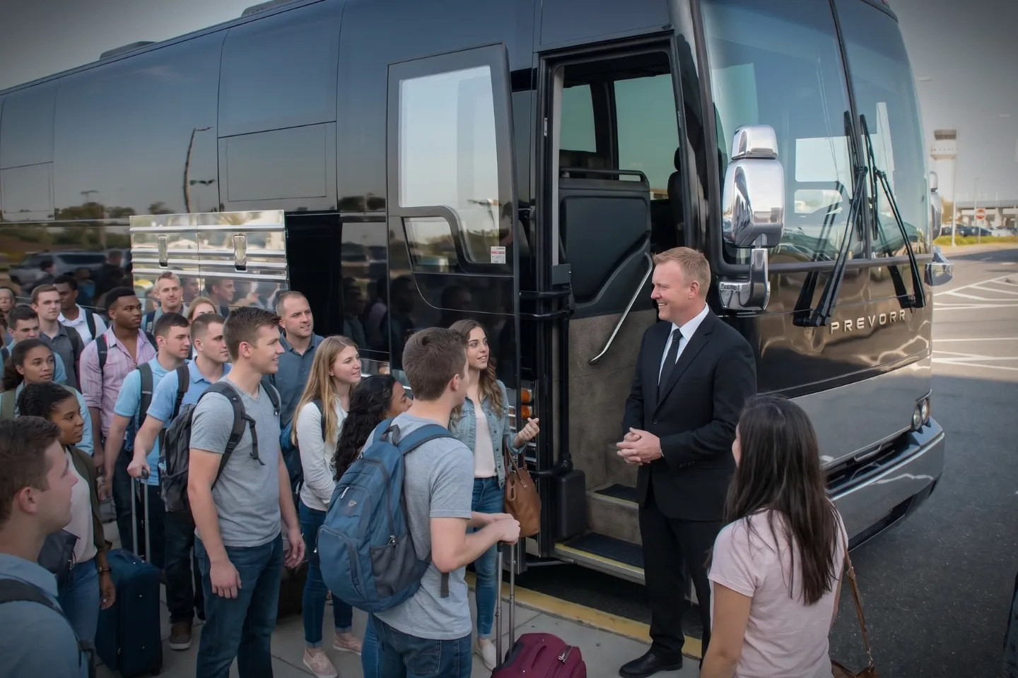 Charter bus rental curbside at the Long Island MacArthur terminal entrance