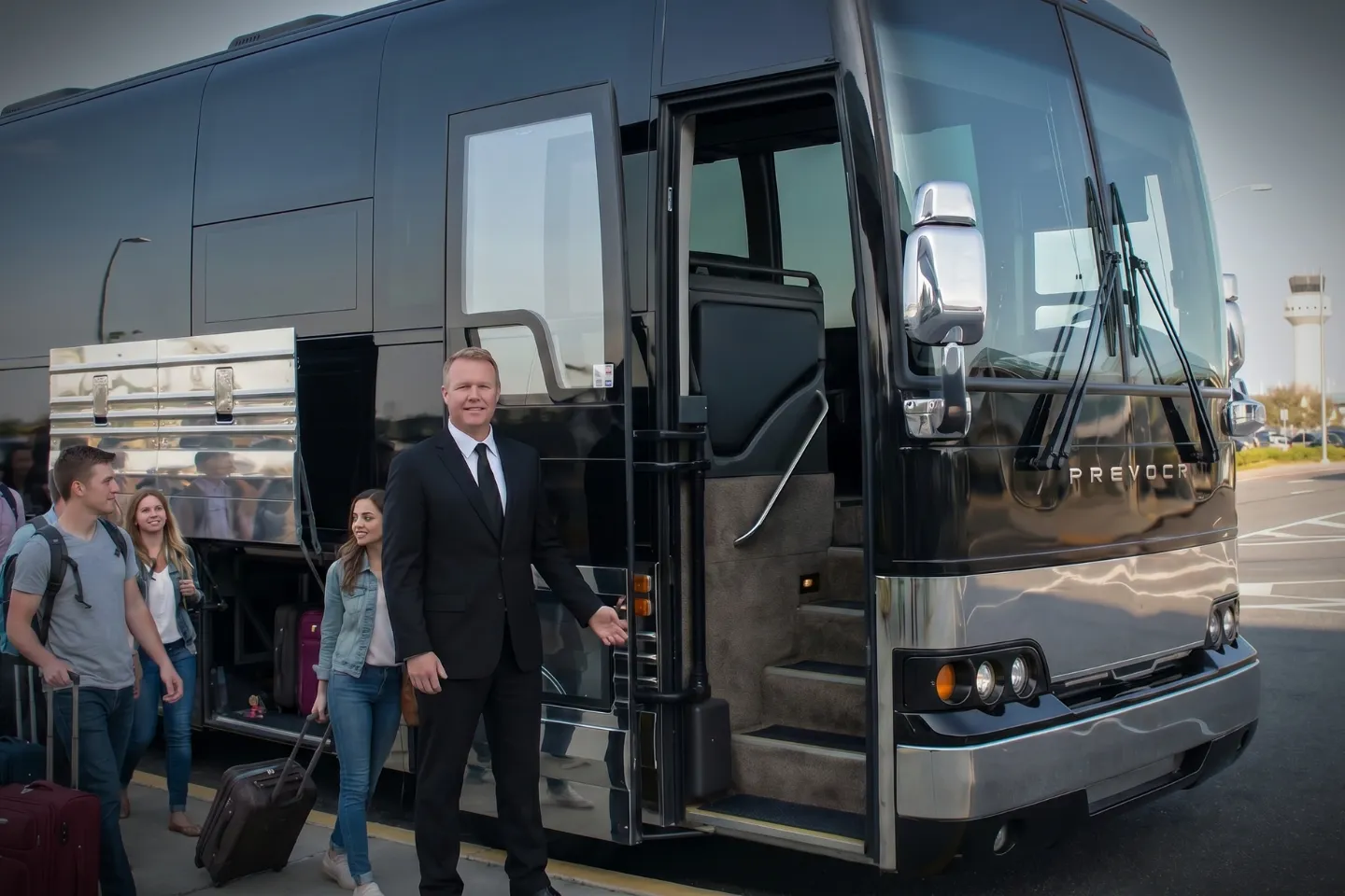 Family reunion group boarding a coach at ISP Airport arrivals