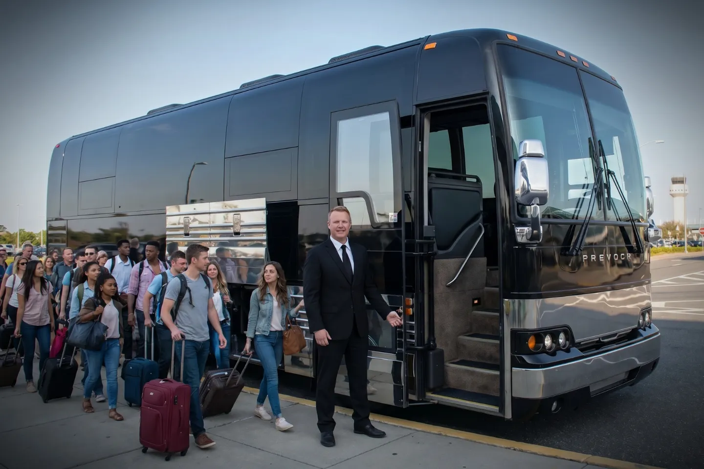 Motorcoach parked outside Long Island MacArthur Airport awaiting a vacation group