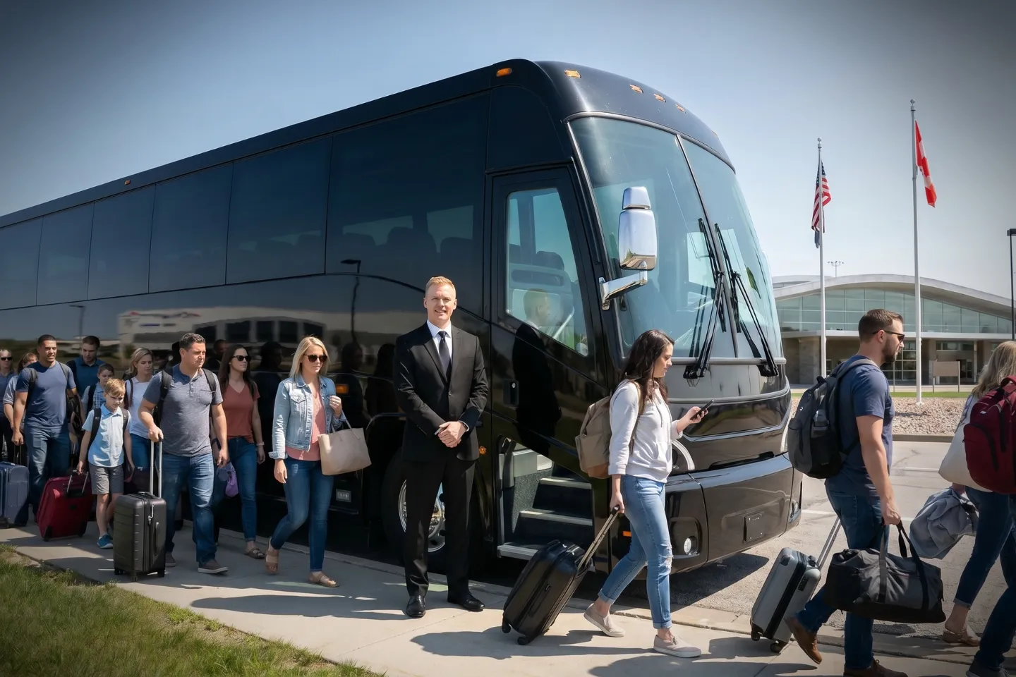 Motorcoach parked outside Niagara Falls International Airport awaiting a tour group