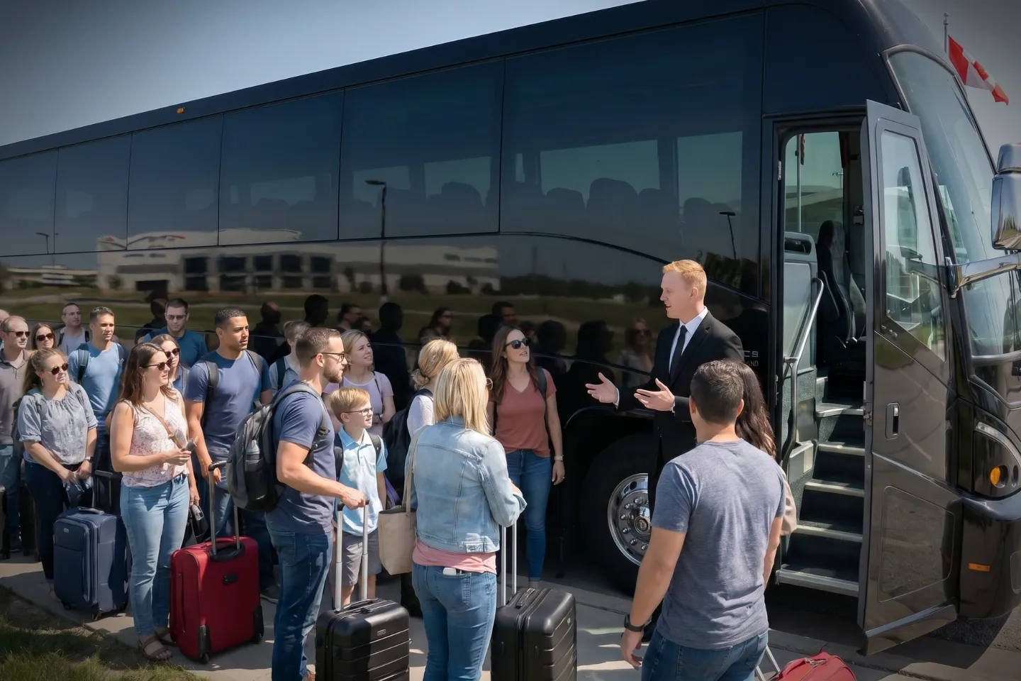 Driver loading suitcases into a coach at Niagara Falls airport arrivals