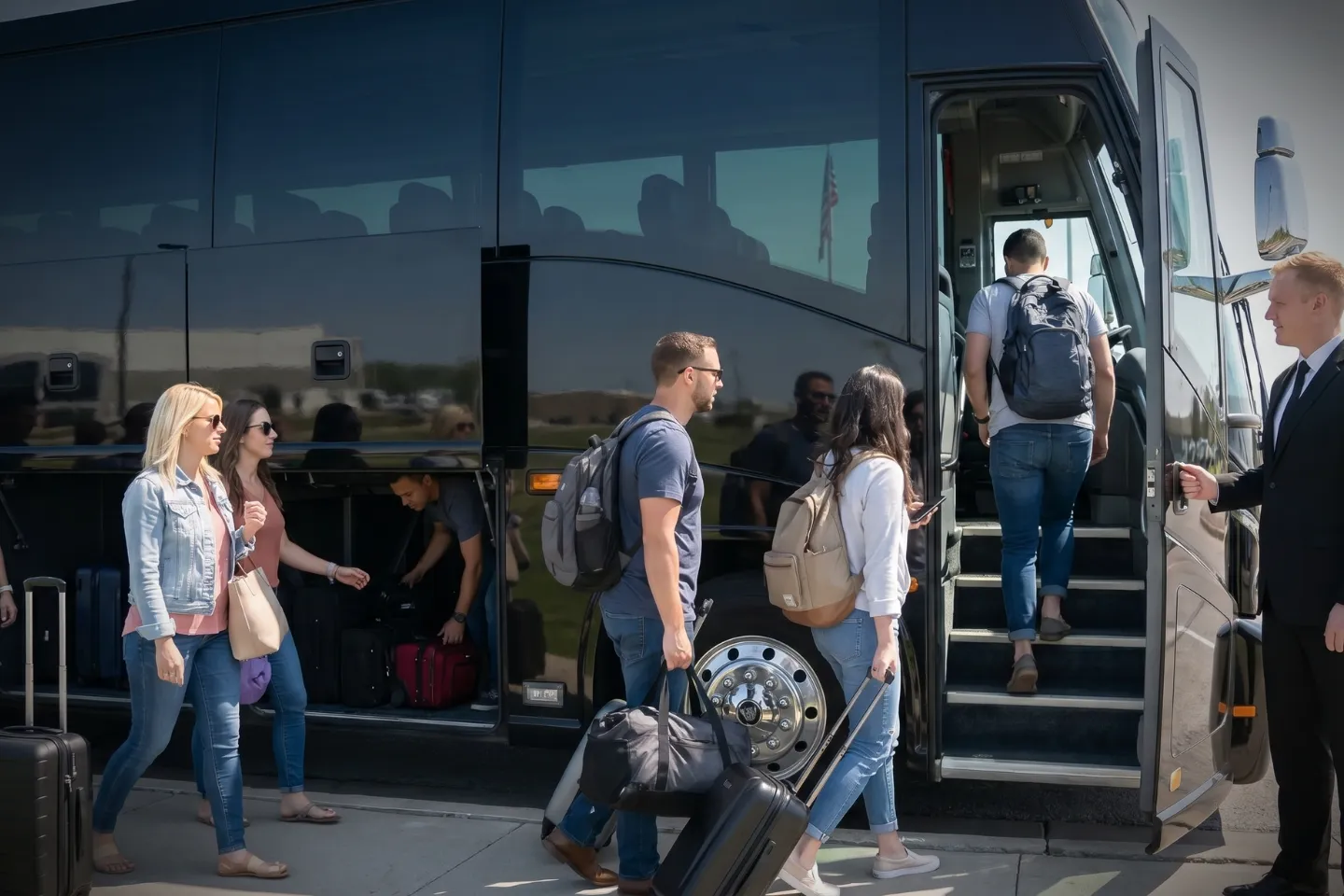 Charter bus rental waiting curbside at the IAG Airport terminal