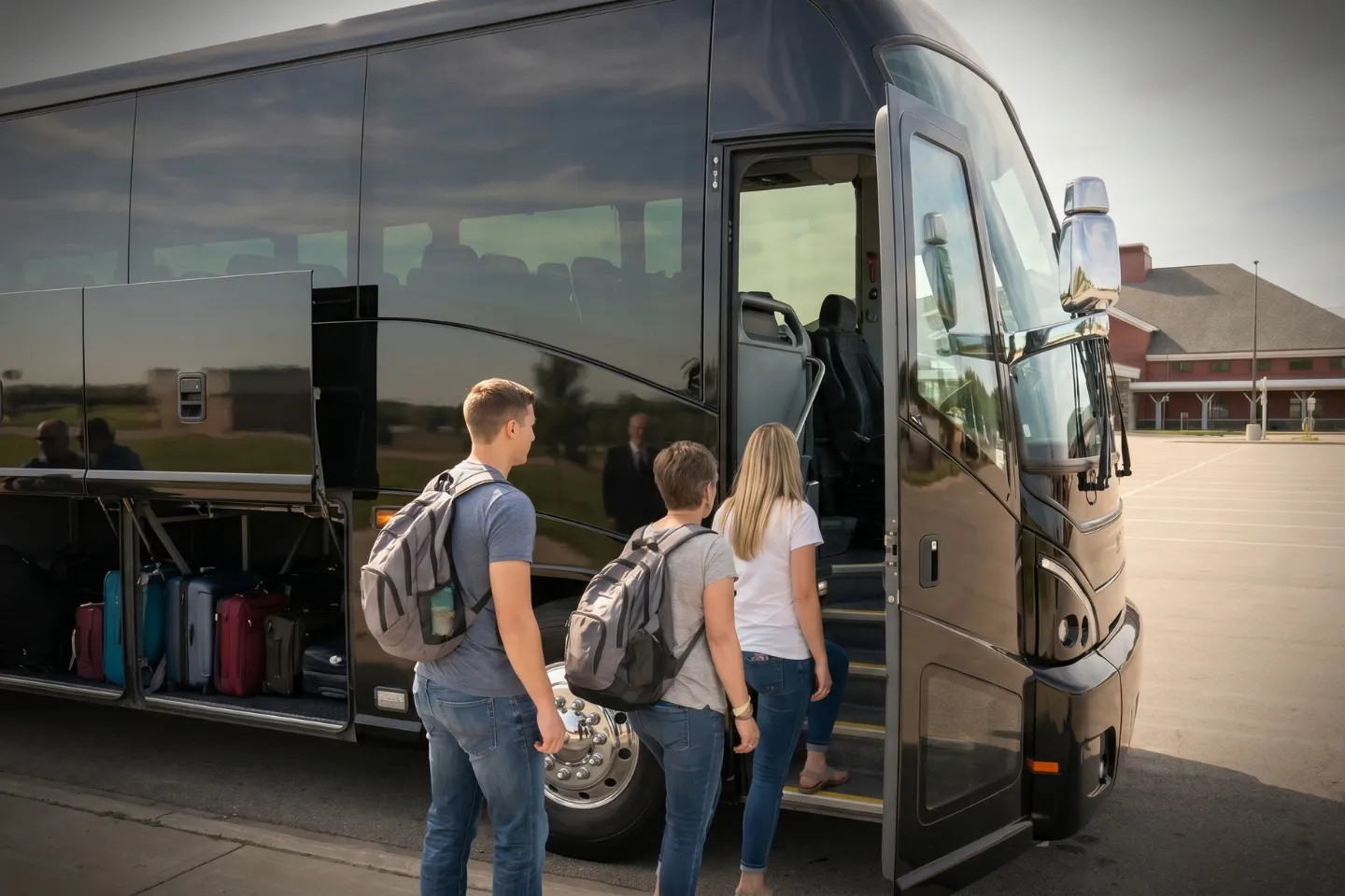 Coach parked along the Plattsburgh International Airport terminal roadway