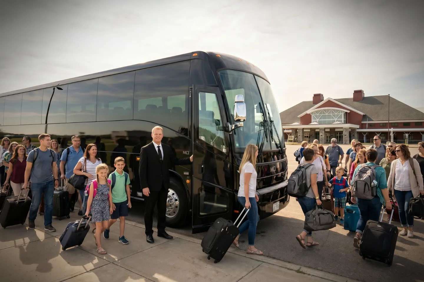 Charter bus waiting outside Plattsburgh International Airport for an arriving group