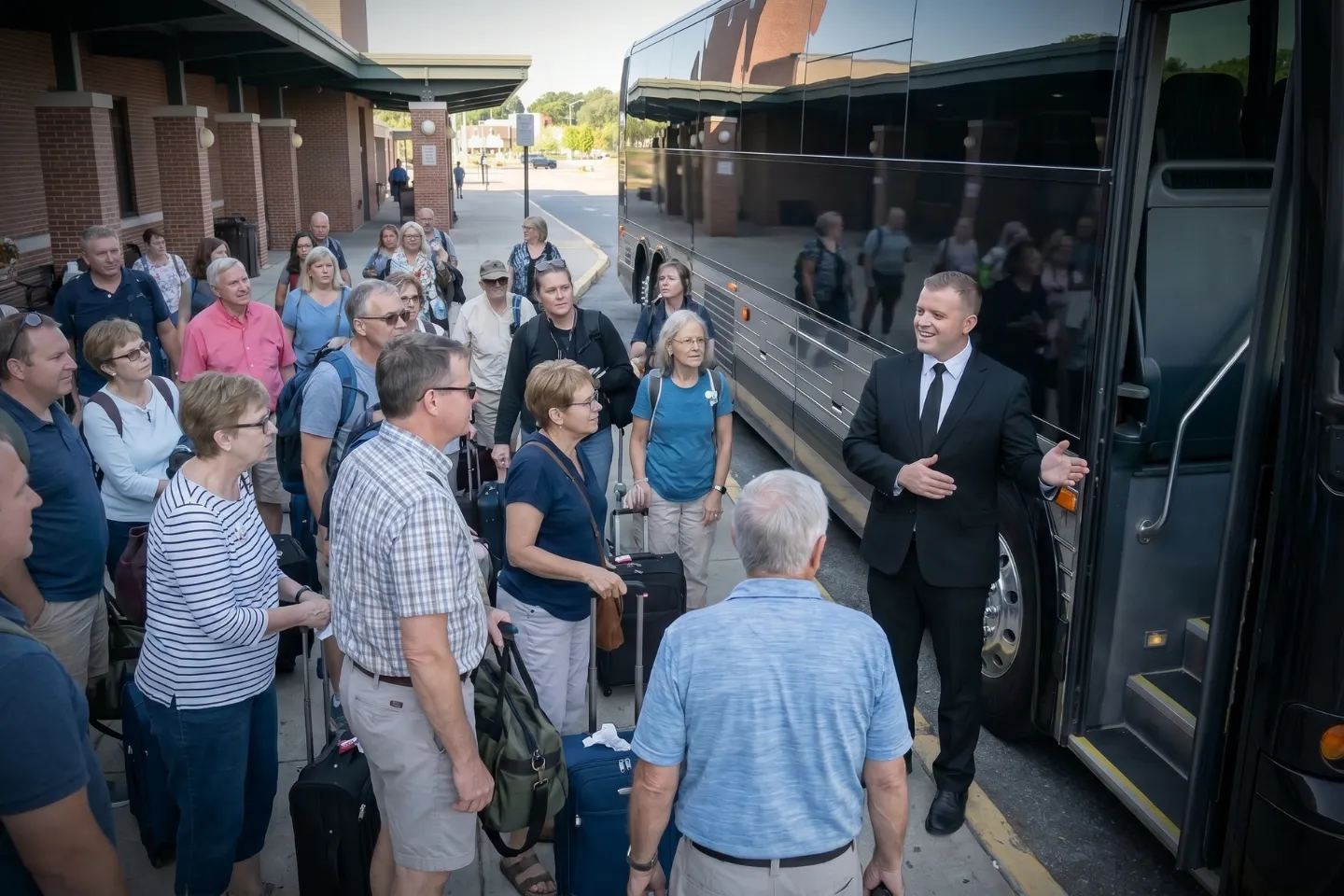 Travelers boarding a charter bus at the SWF Airport pickup area