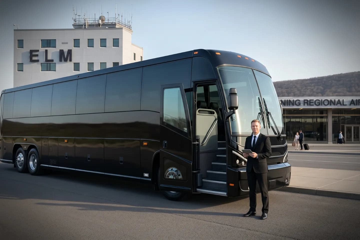 Group of travelers gathered beside their coach at Elmira Corning Regional Airport