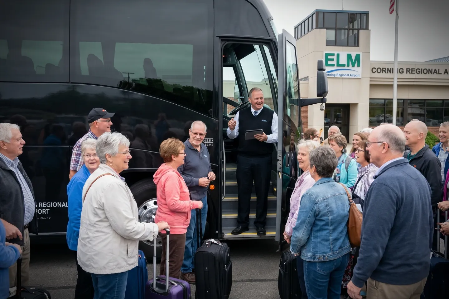 Passengers boarding a charter bus at the ELM Airport pickup curb