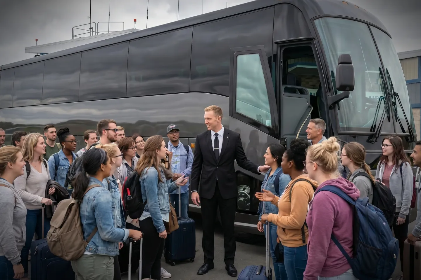 Travelers boarding a motorcoach at the ART Airport pickup area